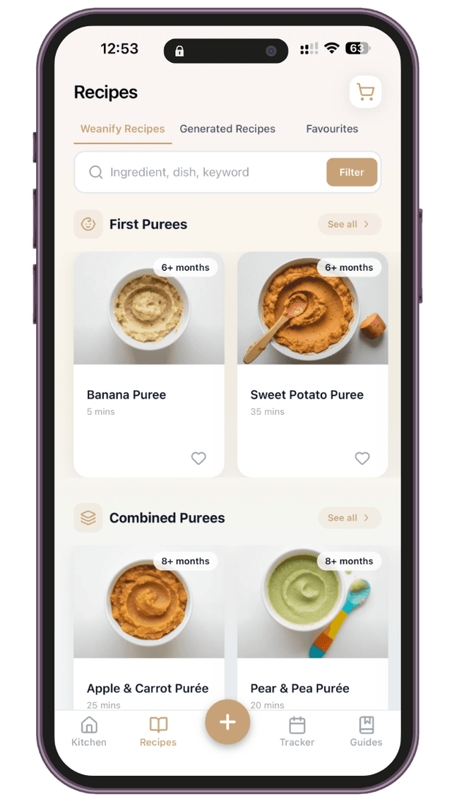 Weanify app Recipes screen showing First Purees and Combined Purees categories with recipe cards