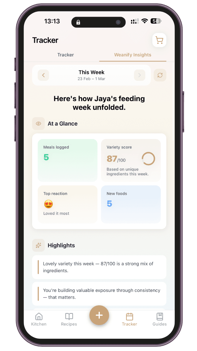Weanify Tracker weekly summary showing meals logged, variety score, and highlights
