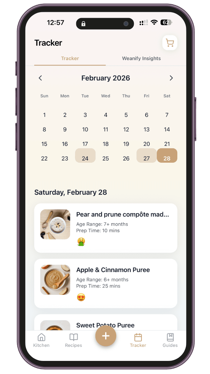 Weanify Tracker calendar view for February 2026 with meal entries